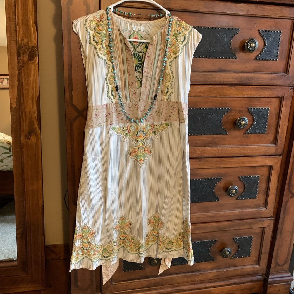 3J Workshop Johnny Was S embroidered tunic dress tie striped pockets floral boho